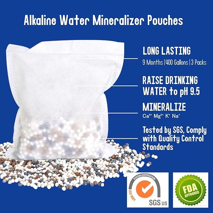 3-Pack Alkaline Water Filter Pouches|pH 9.5, Boosts Water pH, Adds Essential Minerals for Hydration & Wellness| for Jugs & Pitchers&Containers(150g/pack)