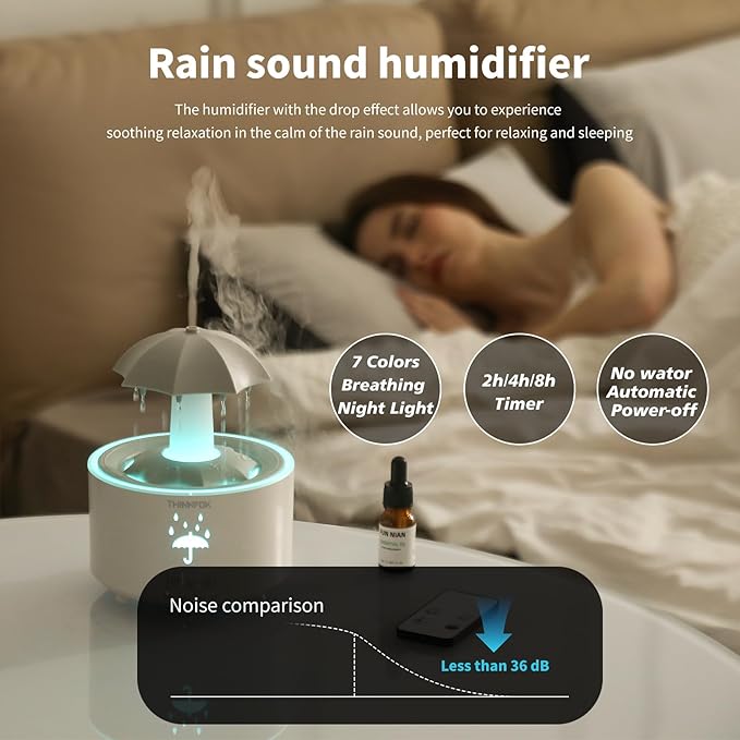 Humidifiers for Bedroom,Aromatherapy Essential Oils Diffuser,Quiet Ultrasonic Clouds and Cool Mist Humidifier, 7 Colors Breathing LED Light,Rotating Umbrella Rain Drops,Ideal Holiday Gifts for Home