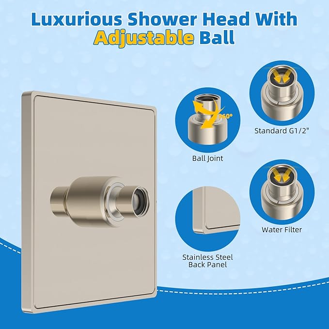 Hibbent Metal Filtered Shower Head, 6'' High Pressure RainShower Head, 20 Stage Shower Filter for Hard Water Softener, Bathroom Rainfall Shower Head to Remove Chlorine and Heavy Metal, Brushed Nickel