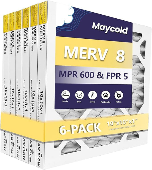 Maycold MERV 8 10x10x1 Furnace Air Filters (6-Pack), Pleated HVAC AC Filters – Actual Size 9.70” x 9.70” x 0.75”, For Residential or Office Use, Individually Wrapped in Plastic
