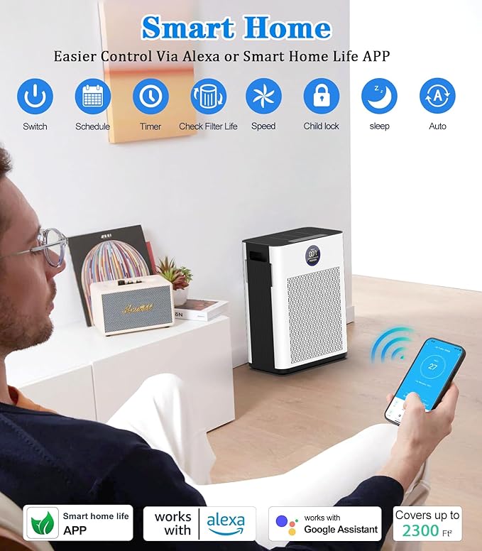 Air Purifier,FREHSDEW Smart WiFi Air Purifiers for Home with H14 HEPA and Activated Carbon Filter, Removes 99.99% of Dust,Odors,Smoke,and Pet Hair Covers up to 2300 Sq.Ft, Quiet and Energy Efficient