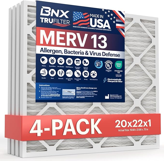 BNX TruFilter 20x22x1 Air Filter MERV 13 (4-Pack) - MADE IN USA - Electrostatic Pleated Air Conditioner HVAC AC Furnace Filters for Allergies, Pollen, Mold, Bacteria, Smoke, Allergen, MPR 1900 FPR 10