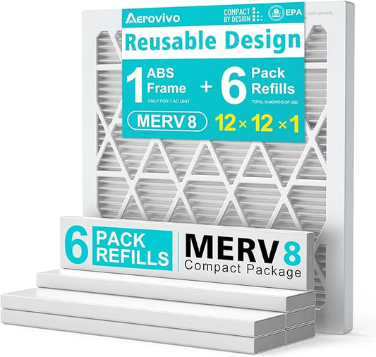12x12x1 Refillable Air Filter Kit, MERV 8, 1 Reusable Frame ＆ 6 Refills, Fits Most AC HVAC Furnace Devices, Actual Size 11.75x11.75x0.75in