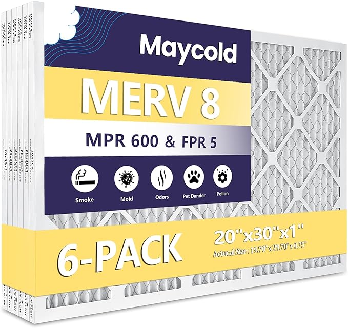 Maycold 20x30x1 MERV 8 Furnace Air Filters (6-Pack), Pleated HVAC AC Filter for Home or Office – Traps Dust, Lint & Pet Hair, Actual Size 19.70 x 29.70 x 0.75，Individually Wrapped in Plastic