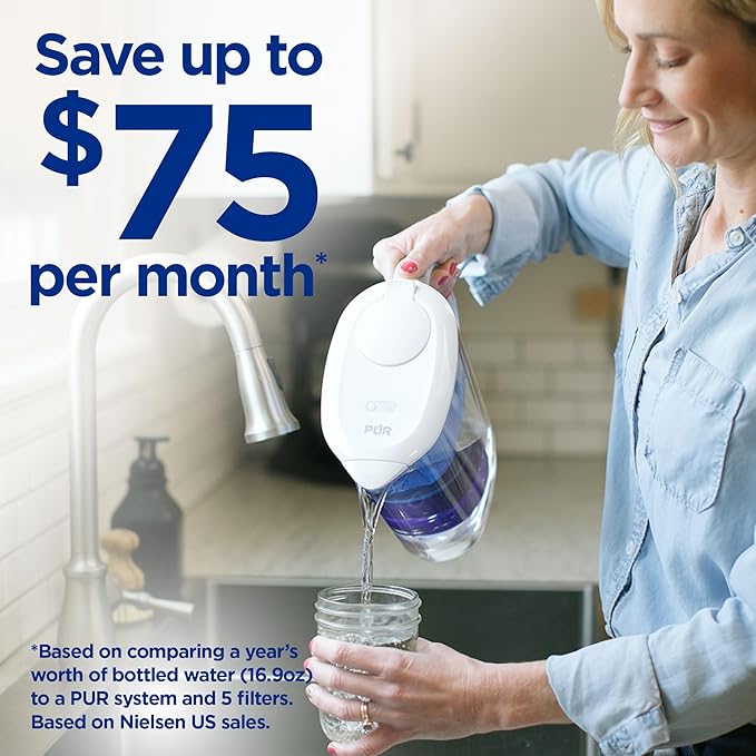 PUR Plus 7-Cup Water Pitcher, 1 Lead-Reducing Filter, Cleaner, Great-tasting Water, Dishwasher Safe, Powerful Filtration, Filter Change Light Indicator, LockFit Cap Design - White