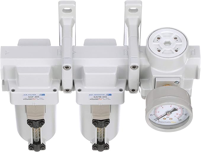 PneumaticPlus SAU430-N04G-MEP 3 Stage Compressed Air Filter Dryer System - Particulate Air Filter, Coalescing Air Filter, Compressed Air Pressure Regulator Combo, 1/2" NPT - Metal Bowl, Manual Drain