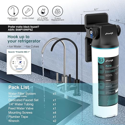 Frizzlife SW10F Under Sink Water Filter System with Brushed Nickel Faucet, NSF/ANSI 53&42 Certified, Reduces 99.99% Lead, Chlorine, Bad Taste & Odor, 8K Gallons High Capacity, 0.5 Micron, USA Tech