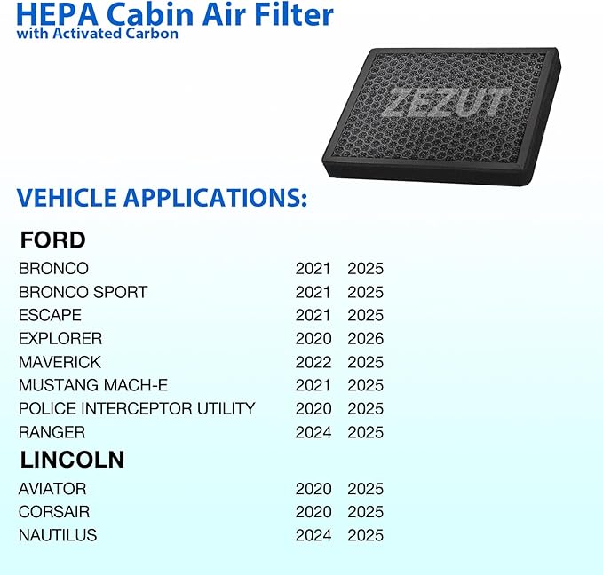 Cabin Air Filter CF12772 Fits Ford Bronco Sport (21-25), Escape (20-25), Explorer (20-26), Maverick & Lincoln Aviator (20-25), Corsair, Honeycomb Structure & Activated Carbon Beads – Durable & Sturdy