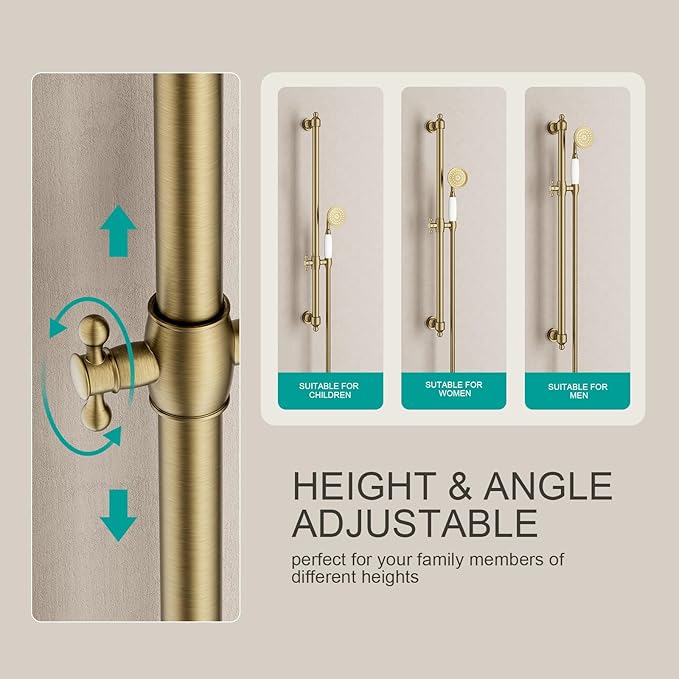 Shower Slide Bar Handheld Shower Head with Hose, shower slide bar,adjustable height shower head (C-retro, Brushed Gold)