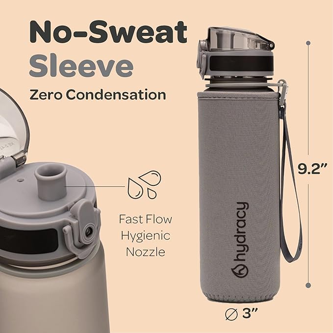 Hydracy Water Bottle with Time Marker -Large BPA Free Water Bottle & No Sweat Sleeve -Leak Proof Gym Bottle with Fruit Infuser Strainer & Times to Drink -Ideal for Fitness Sports & Outdoors