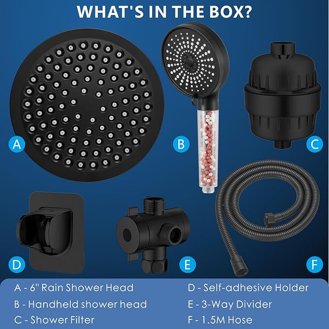 Voolan Filtered Shower Head Set, High Pressure Rain Shower with Handheld Showerhead Combo, Self-adhesive Holder/59" Hose, 20 Stage Filter Removes Chlorine and Harmful Substances (Round, Matte Black)