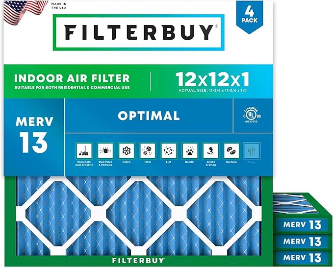 Filterbuy 12x12x1 Air Filter MERV 13 (MPR 1900) Health Defense Replacement (4-Pack), Electrostatic Pleated HVAC AC Furnace Filters, Made in USA (Actual Size: 11.75 x 11.75 x 0.75)