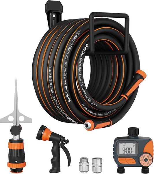 Giraffe Tools Garden Hose 100ft x 5/8", Water Hose Heavy Duty, Flexible with Timer Nozzle and Sprinkle, Lightweight Hybrid Hose with Swivel Handle, Male to Female Fittings, Burst 600 PSI