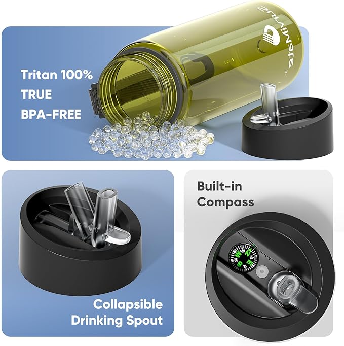 Survimate 5-Stage 0.01μm Ultra-Filtration Filtered Water Bottle, BPA-Free Material, NSF/ANSI 42&372 Certified, Portable Water Filter Bottle for Survival, Camping, Hiking, and Emergency Use