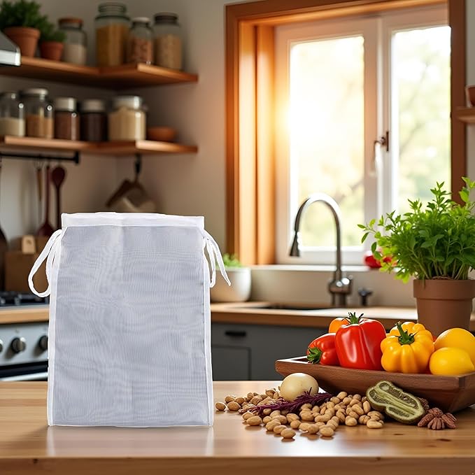 1Pc White Nut Milk Bag Reusable Cheesecloth Bags For Straining Almond Soy Milk Strainer For Cold Brew Coffee Tea Beer Juice Fine Nylon Mesh Cheese Cloth Colanders and Food Strainers