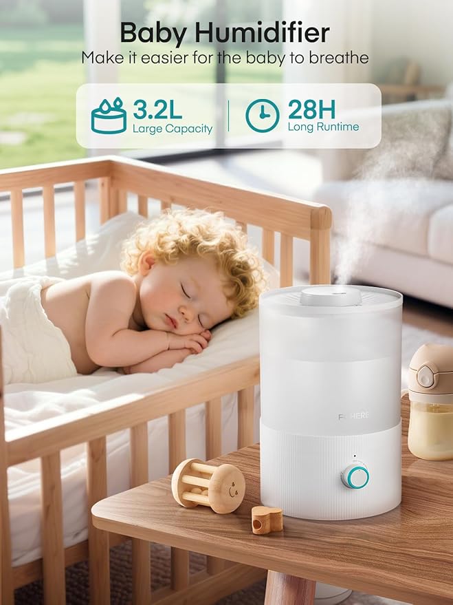 FOHERE Humidifiers for Bedroom, 3.2L Top Fill Cool Mist Ultrasonic Humidifier for Baby Rooms and Plants, 2-IN-1 Essential Oil Diffuser with 7-color Light and Auto Shut-off, BPA-Free, Quiet, White