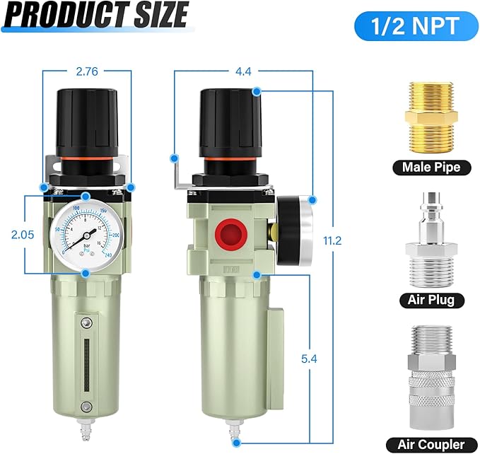 1/2" NPT Heavy Duty Industrial Grade Air Compressor Moisture Filter, Manual Drain, Particulate Filter and Air Regulator For Plasma Cutter and Paint Spray