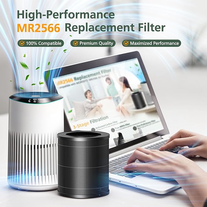 2 Pack MR2566 Filter Compatible with MORENTO MR2566 Air Purifier, 3-in-1 HEPA Activated Carbon Pre-Filter, Basic Version