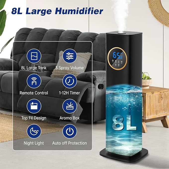 Humidifiers for Bedroom, 2.1Gal/8L Humidifier large room with Essential Oil Diffuser, Top Fill Whole House Cool Mist Humidifiers for Plants Baby Kids Adults(Black)