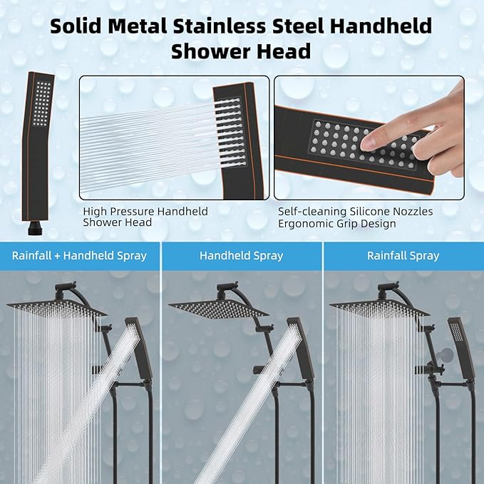 Hibbent All Metal 10'' Rainfall Shower Head, Shower Head Combo, High Pressure Handheld Shower Wand, 16'' Adjustable Arc-shaped Shower Extension Arm, 71'' Hose, Showerhead Holder, Oil Rubbed Bronze