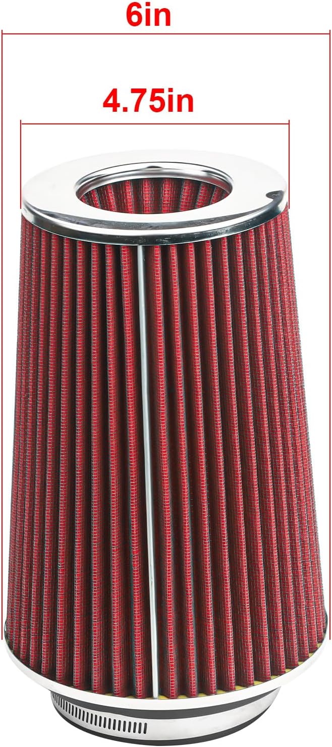 Universal Clamp-On Air Filter Fits 3 In /3.5 In /4 In Three Different Size, Height: 8.75 In, Base: 6 In, Top: 4.75 In, High Flow Round Tapered Washable For Car and Motorcycle