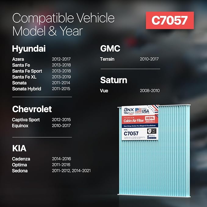 BNX TruFilter C7057 Cabin Air Filter, HEPA 99.97%, MADE IN USA, Compatible with Chevrolet Captiva, Equinox, GMC Terrain, Hyundai Azera, Santa Fe Sport/XL, Sonata, Kia Cadenza, Optima, Sedona