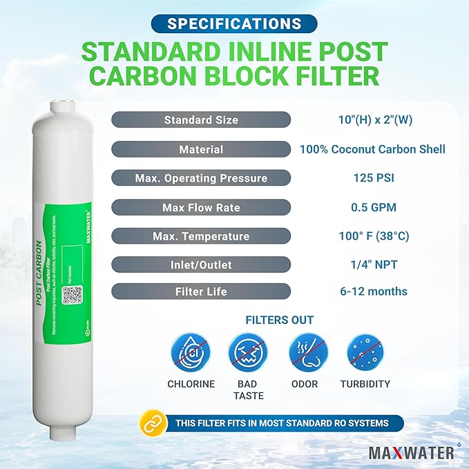 10" 5 Micron Inline Post Activated Carbon Water Filter Replacement Cartridge, 1/4"NPT Ports for Refrigerator, Ice Maker, RO Replacement for HX-ICF-10/3, FLTIN01PKQ, FT15, ICF-10Q/3-4 Pack