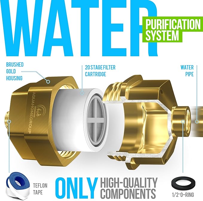 AquaHomeGroup 20 Stage Shower Filter for Hard Water - High Output Universal Shower Head Filter for Chlorine, Fluoride, Heavy Metals - Vitamin C E Shower Water Filter for Hair and Skin (Golden)