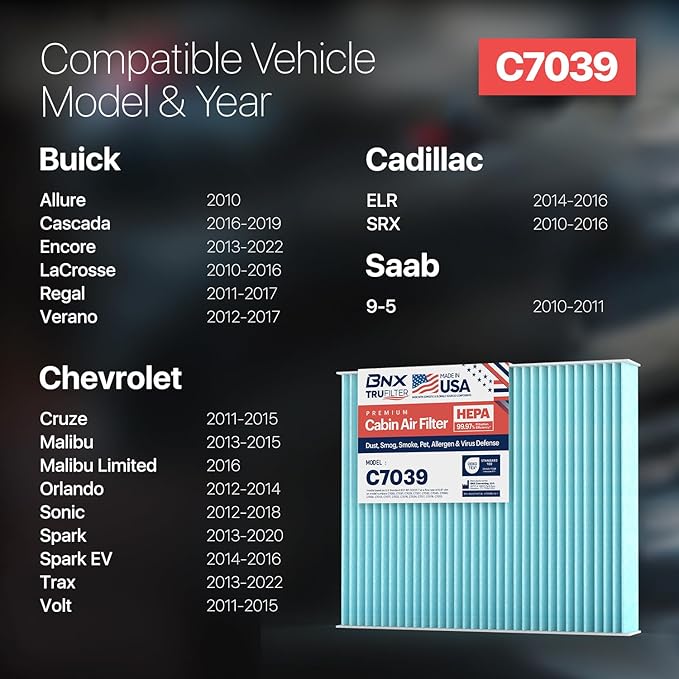 BNX TruFilter C7039 Cabin Air Filter, HEPA 99.97%, Compatible With Chevrolet: Cruze, Malibu, Orlando, Sonic, Spark, Trax, Volt; Buick: Cascada, Encore, LaCrosse, Regal, Verano; Cadillac: ELR, SRX