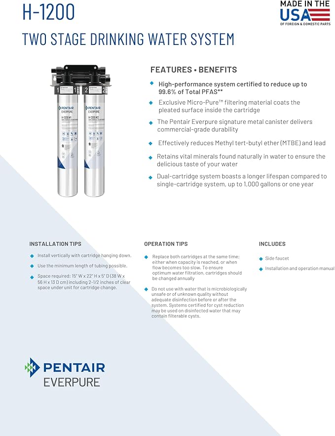 Pentair Everpure H-1200 Drinking Water System, EV928200, NSF Certified to Reduce Lead & PFOA/PFOS, Dual Cartridge System with Filter Head, Cartridges and Hardware, 1,000 Gallon Capacity, 0.5 Micron
