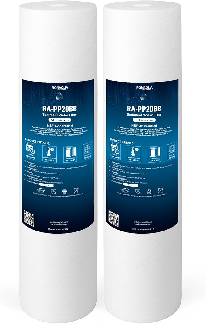 Ronaqua 20" x 4.5" Big Sediment Replacement Water Filter Cartridge, 50 Micron, NSF Certified, for Whole House, Compatible with 155358-43, 2PP20BB1M, AP810-2, FPMB-BB5-20, P5-20BB, SDC-45-2005, 2 Pack