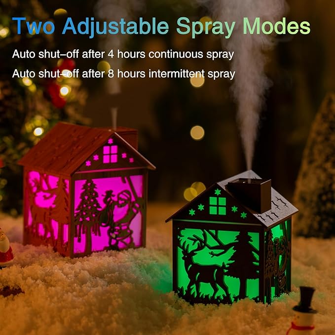 Colorful Cool Mini Humidifier, Cabin styling with Christmas theme，USB Personal Desktop Humidifier 2 Mist Modes, 7 colors,Super Quiet Perfect for Baby Bedroom, Office (Darkwood)