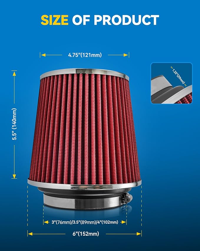 PHILTOP Universal Clamp-On Air Intake Filter, Replacement Air Filter: High Flow Air Filter 4-Inch Round Tapered Air Intake Filter - Washable, High Performance, 3" or 3.5" or 4" adjustable fitting