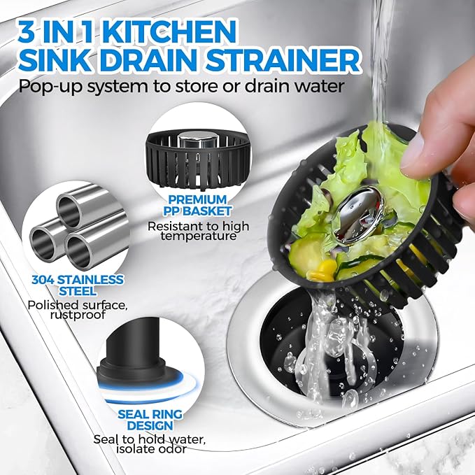 Kitchen Sink Drain Strainer - 2Pack Sink Stopper, Drain Protector, Kitchen Drain Plug & Sink Installation Parts with Anti-Clogging Basket, Fit US Standard 3-1/2'' Sink Drain Hole, Black