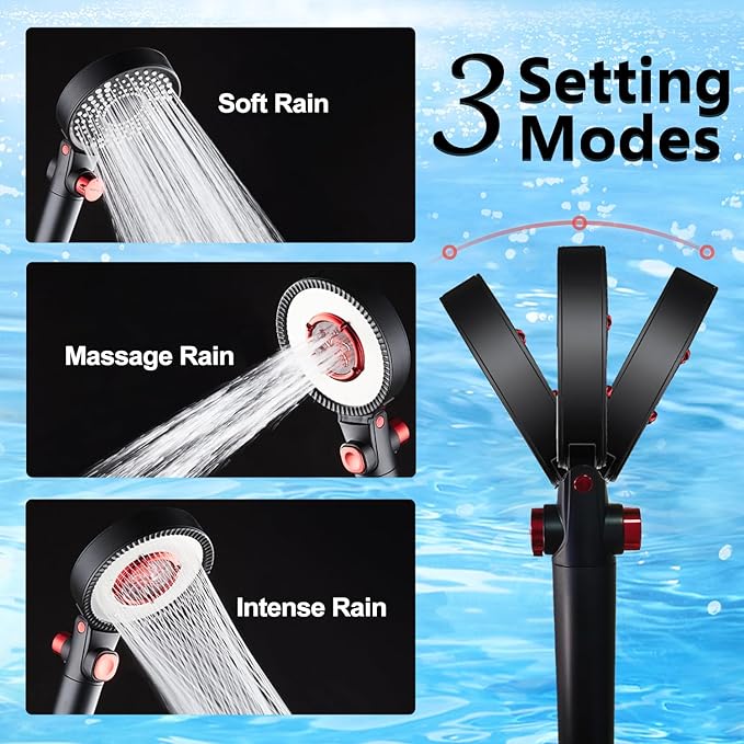 Filtered Shower Head with Handheld Spray for Skin and Hair Care, High Pressure 3 Modes Turbo Showerhead for Hard Water, 59" On Leaks Shower Hose, ON/OFF Button, Adjustable Flow, Matte Black