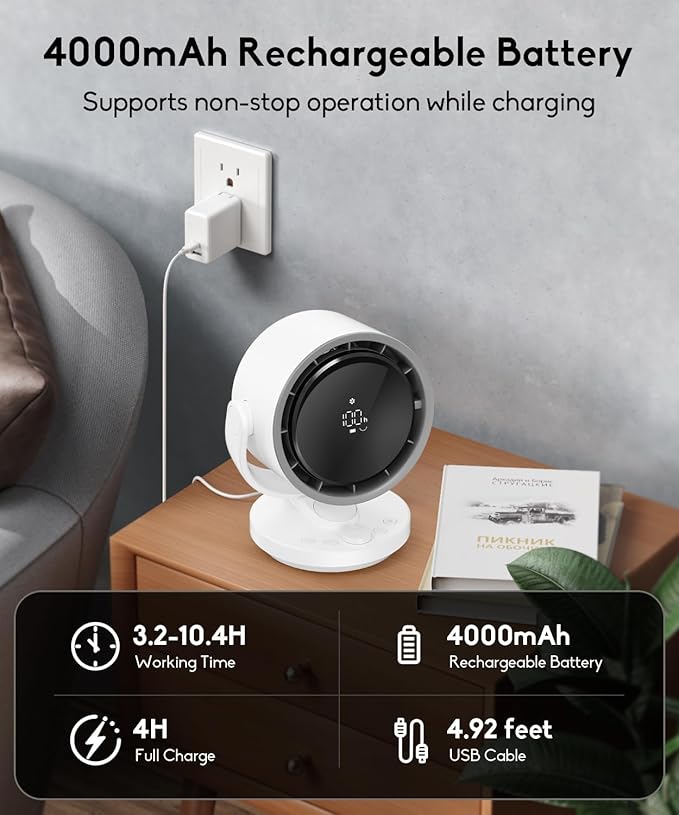 let'me Table Fan, 100-Speed Desk Fan with Digital Display, Rechargeable Battery Fan with Warm Night Light, Oscillating Fan and 12H Timer, Small Quiet Desk Fan for Bedroom, Office