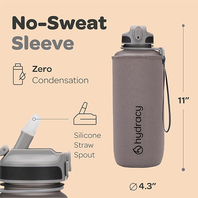Hydracy Water Bottle with Time Marker -Large BPA Free Water Bottle & No Sweat Sleeve -Leak Proof Gym Bottle with Fruit Infuser Strainer & Times to Drink -Ideal for Fitness Sports & Outdoors