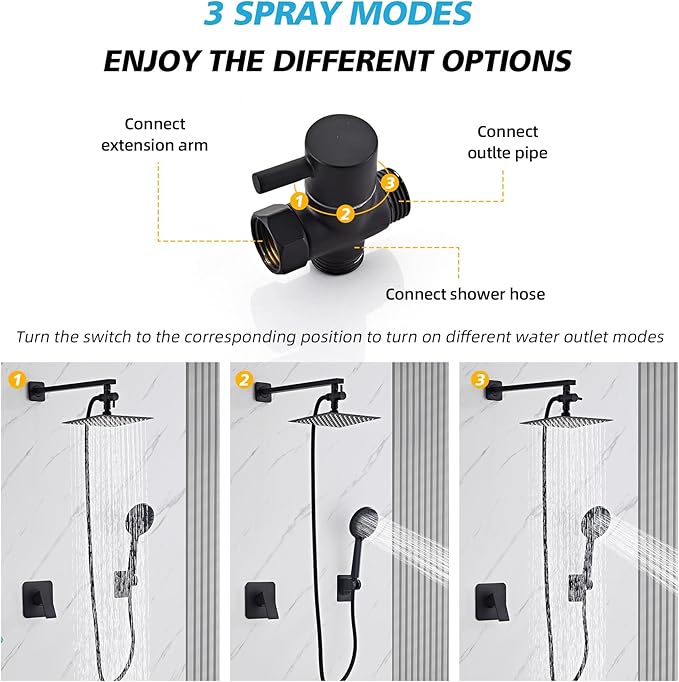 Shower Head Combo Matte Black, 8 Inch Rain Shower Head with Handheld 5 Spray Modes High Pressure Rainfall Shower Heads System, 15 Inch Shower Adjustable Extension Arm