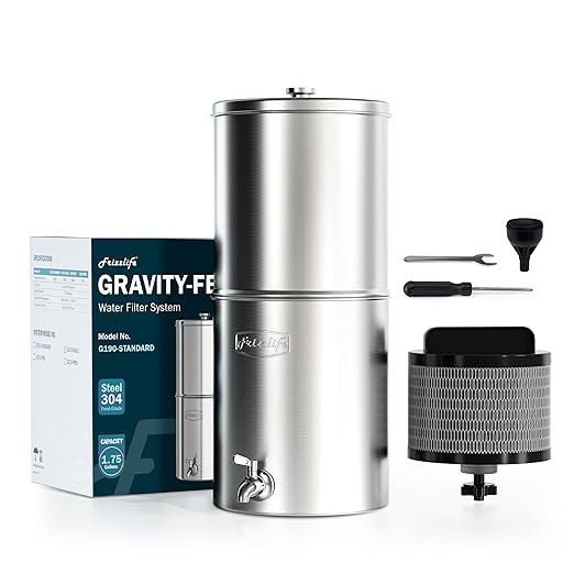 Frizzlife 1.75G Gravity-Fed Water Filter System, NSF/ANSI 42&372 Standards Countertop Water Filtration System, Reduces 99% Chlorine, Bad Taste & Odor, for Home, Travel, Camping, RVing, Off-Grid, G190