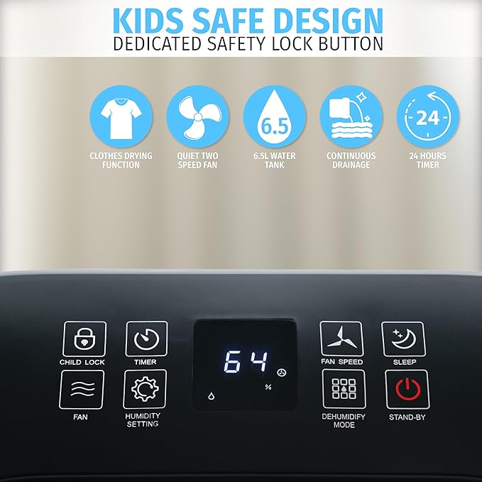 Nyxi 4,500 Sq Ft Home Dehumidifier, Most Efficient Energy Star, XL 1.7 Gallon Tank, Drain Hose, Digital Humidity Control & 24-Hour Timer, Removes Moisture 50 Pints from Rooms, Laundry, Office