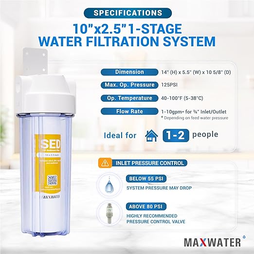 Max Water Whole House Water Filter 10 inch Housing for Under Sink RO Water Filtration System w/PP Sediment Water Filter 5 Micron, 3/4 NPT, Wrench + Bracket