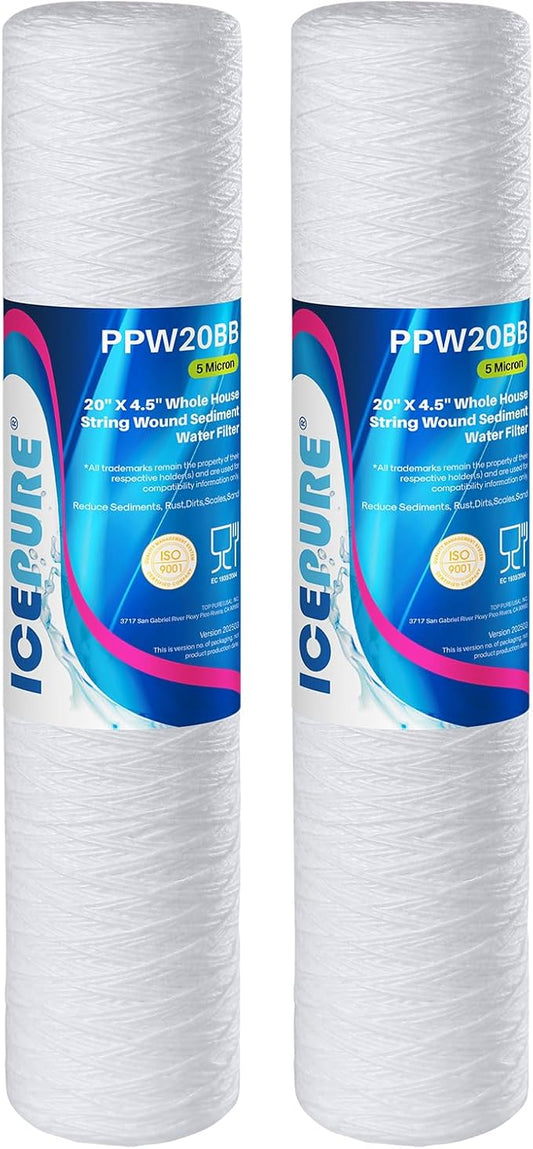 ICEPURE 5 Micron 4.5" x 20" Whole House String Wound Sediment Water Filter Cartridge for Well Water, Replacement for WP5BB20P/WP25BB20P, SDC-45-2005, SP-WP5-20BB, SWC-45-2005, 2PACK
