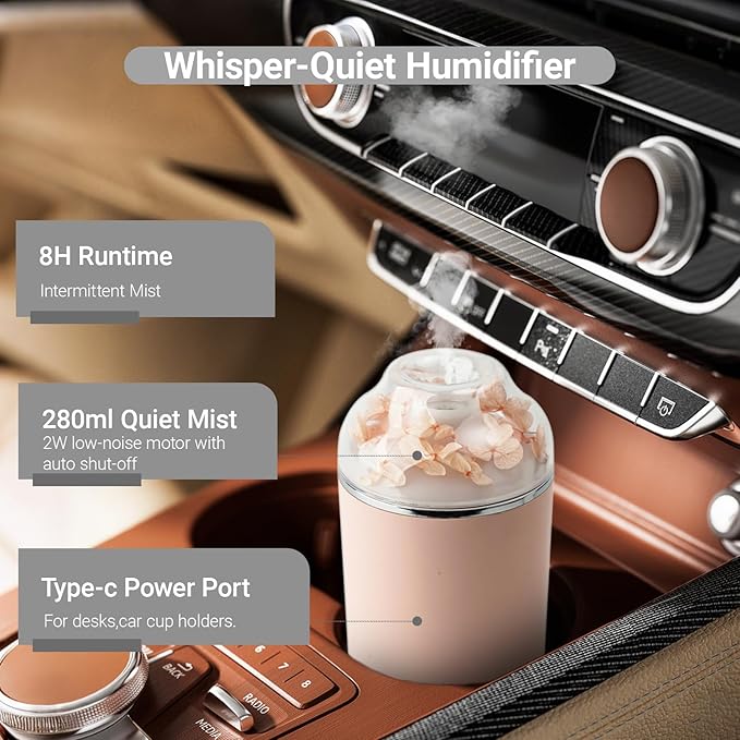 Portable USB Humidifier with 7-Color Mood Light | 280ml Quiet Mist for Bedroom, Office, Car | Auto Shut-Off & 8H Runtime (Pink)