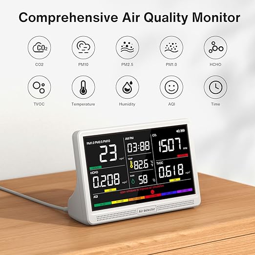 16 in 1 Air Quality Monitor Indoor 7" Display 9 AQI+7 AQI Alerts Air Quality Meter for CO2, TVOC, PM2.5 PM1.0 PM10, HCHO, Temperature Humidity AQI & Time, Air Detector Air Quality Tester for Home
