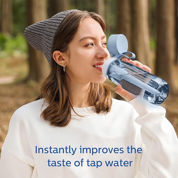 PHILIPS Filtered Water Bottle, BPA-Free Tritan Plastic Water Bottles, Replaces 450 Plastic Water Bottle with Reusable GoZero Everyday Water Filter, Portable Filtering Bottle for Travel, 36oz Navy Blue