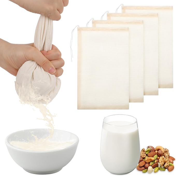 12 × 8 Inches Fine Mesh Nut Milk Bag, 4 PCS Nut Bag Strainer for Juicing Reusable Milk Nylon Bags for Straining, Multiple Usage Cheese Cloth Bags for Straining for Oat Milks Juice Coffee Yogurt