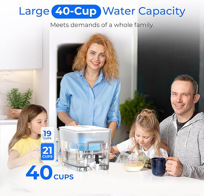Waterdrop Alkaline 40 Cup Dual Filter Dispenser, 8X Faster Filtration, 200-Gallon Lifespan, Water Filter Dispenser for Home/Office, 2 Replacements, Reduces Chlorine, White