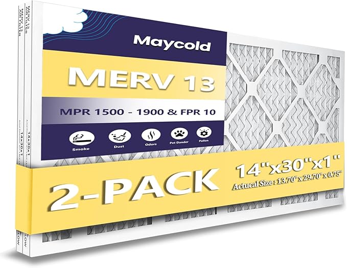Maycold MERV 13 14x30x1 Air Filter (2-Pack), High-Efficiency Pleated AC & Furnace Filters, Actual Size: 13.70” x 29.70” x 0.75”, Individually Wrapped in Plastic