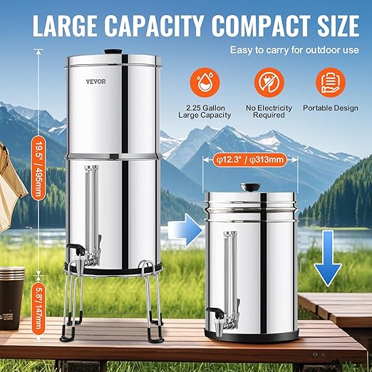 VEVOR Gravity-fed Water Filter System, 2.25G 304 Stainless-Steel Countertop Water Filtration System, Reduces Lead and up to 99% of Chlorine, with 2 Ceramic Carbon Filters, Water Level Spigot, Stand