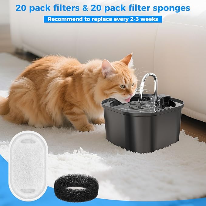 20+20 Pack Pet Water Fountain Filters, Cat Water Fountain Filters Replacement for Dog/Cat Fountain Stainless Steel 108oz/3.2L& 67oz/2L, 10 Months Set to Keep Drinking Fresh